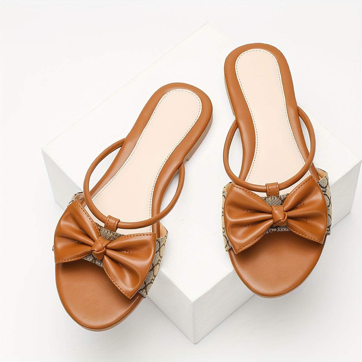 Women's Flat Sandals with Bowknot Canvas Slip-On Non-Slip Beach Slides