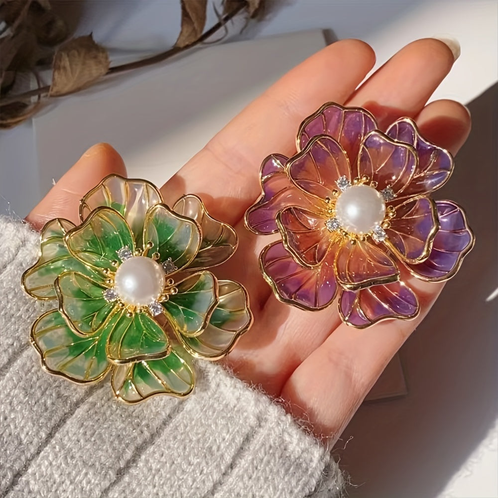 Enamel Flower Brooch with Rhinestones and Purple Faux Pearl Vintage Style for Dresses and Suits