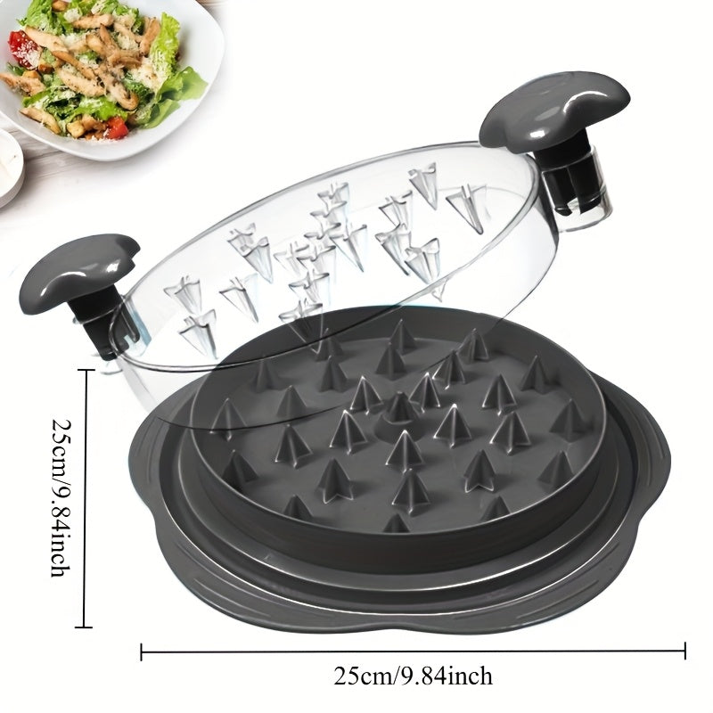 Tirnoqli qo‘l bilan burilish tutqichli go‘sht maydalagich, tovuq ko‘krak uchun. Tozalash oson va issiqlikka chidamli, yopishqoq bo‘lmagan asos bilan. Ko‘rish uchun shaffof qopqoq.