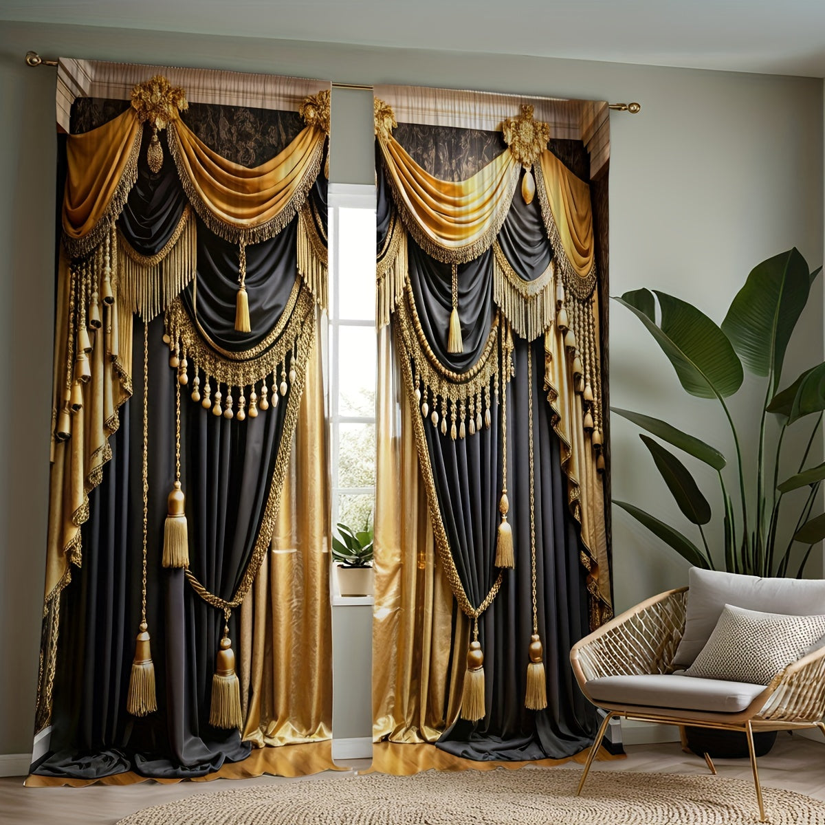 2pc Black and Gold Semi-Sheer Polyester Valance Curtains Rod Pocket for Living Room Bedroom