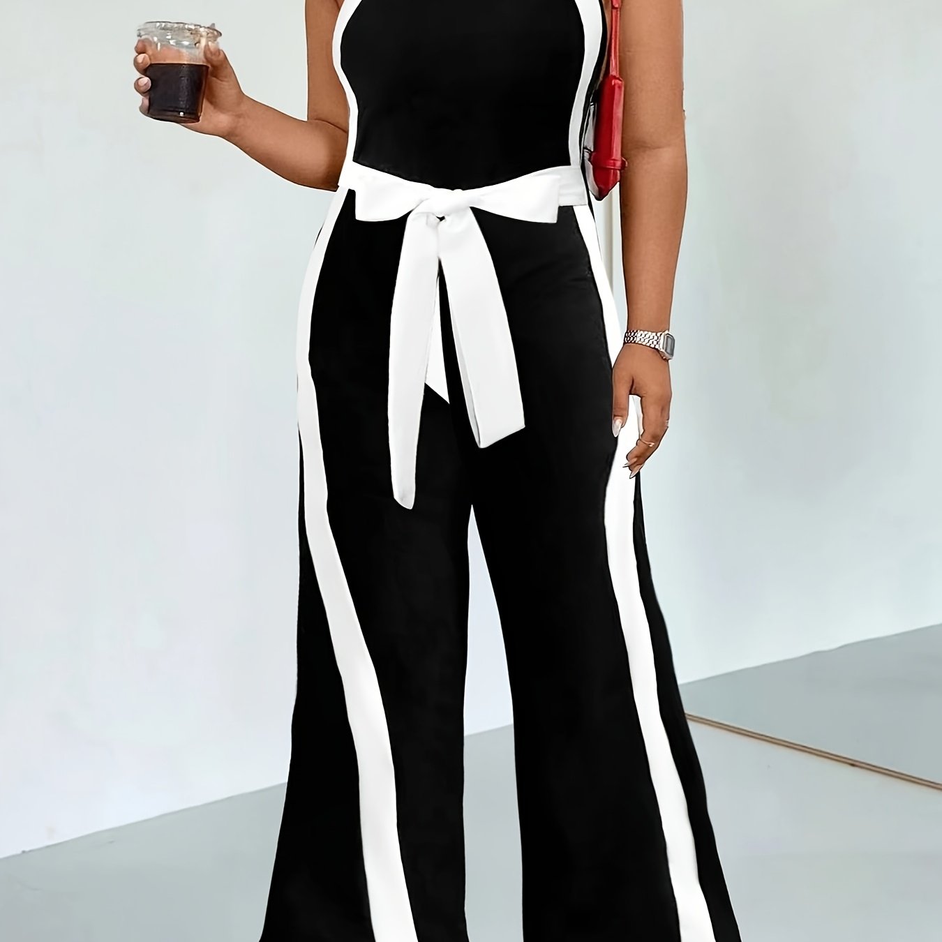 Women's Black Strapless Wide-Leg Jumpsuit with Bow, High-Waist, Plus Size