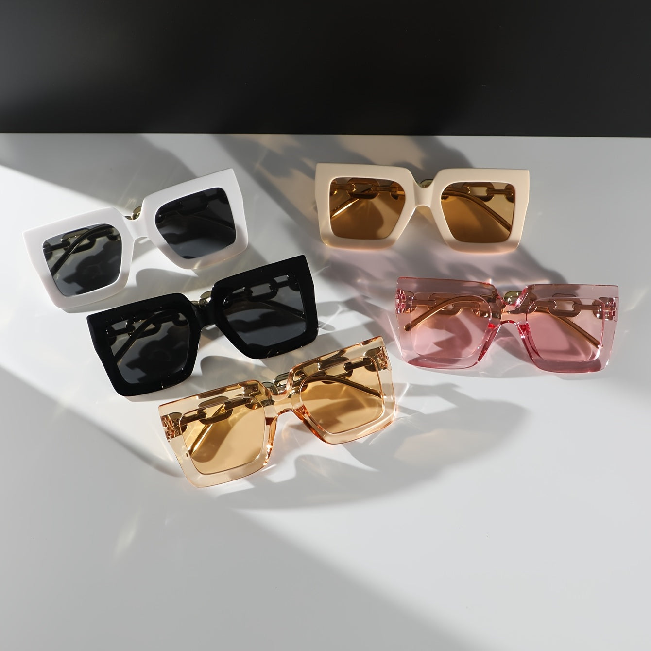 Oversized Square Glasses with PC Frame and Metal Chain Hollow Temples for Summer Beach Vacation