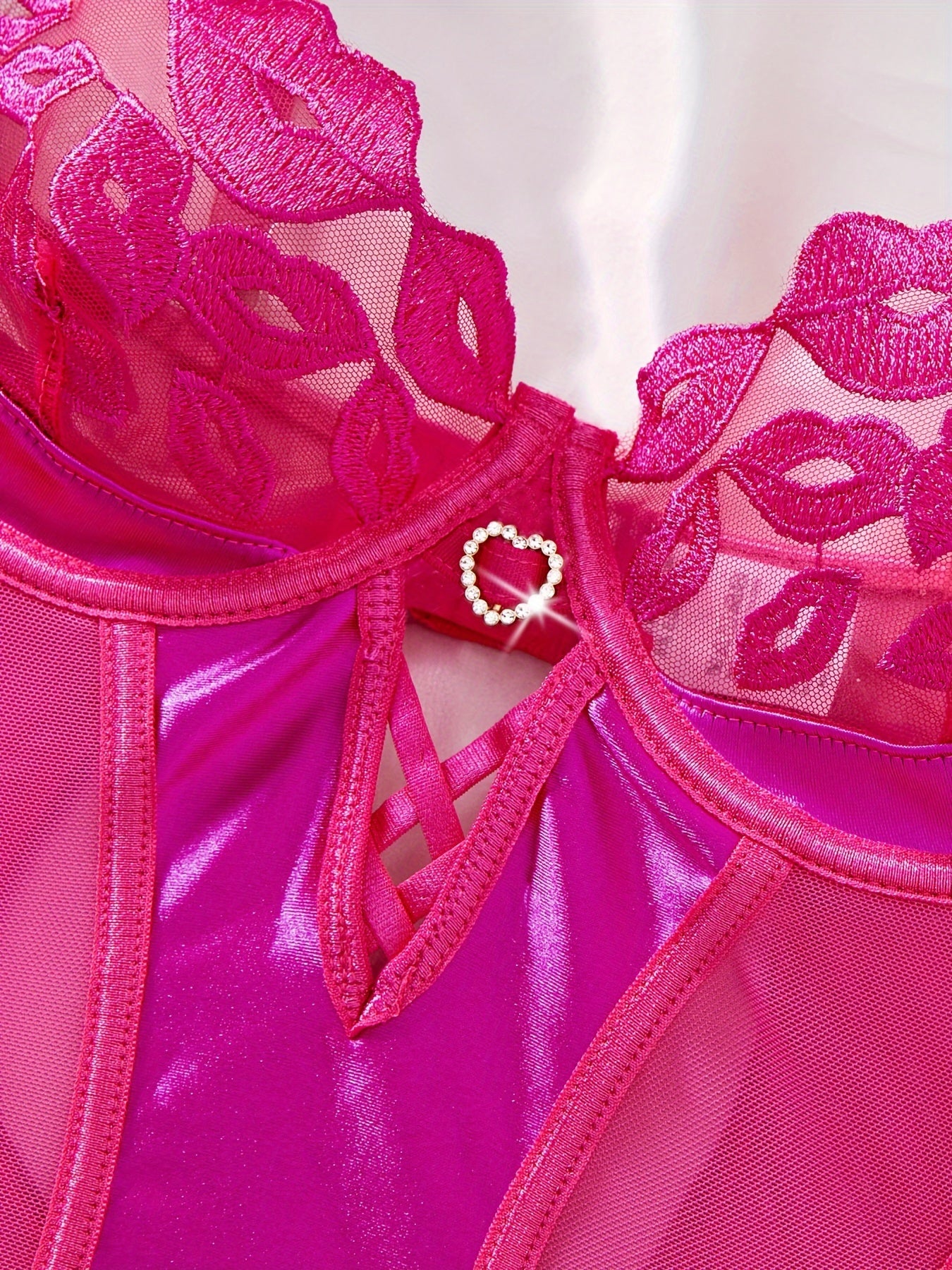 Women's Embroidered Mesh Teddy Lingerie with Plunging Back