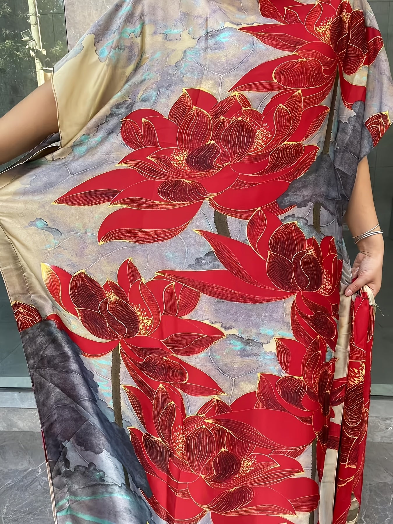 Plus Size Floral Longline Dress Short Sleeve Crew Neck Summer Clothing