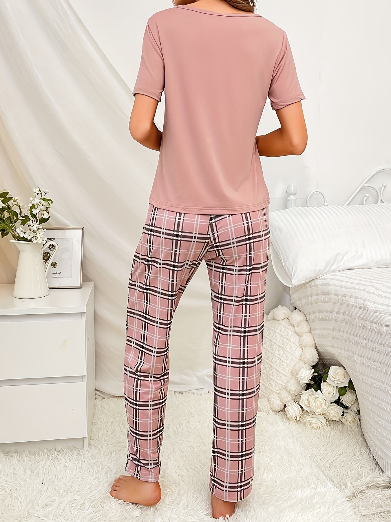 Women's Plaid Pajama Set Short Sleeve Top and Lounge Pants