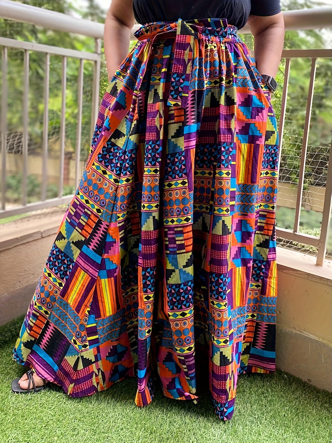 Plus Size Women Geometric Print Belted Skirt Casual Elastic Waist Spring Summer