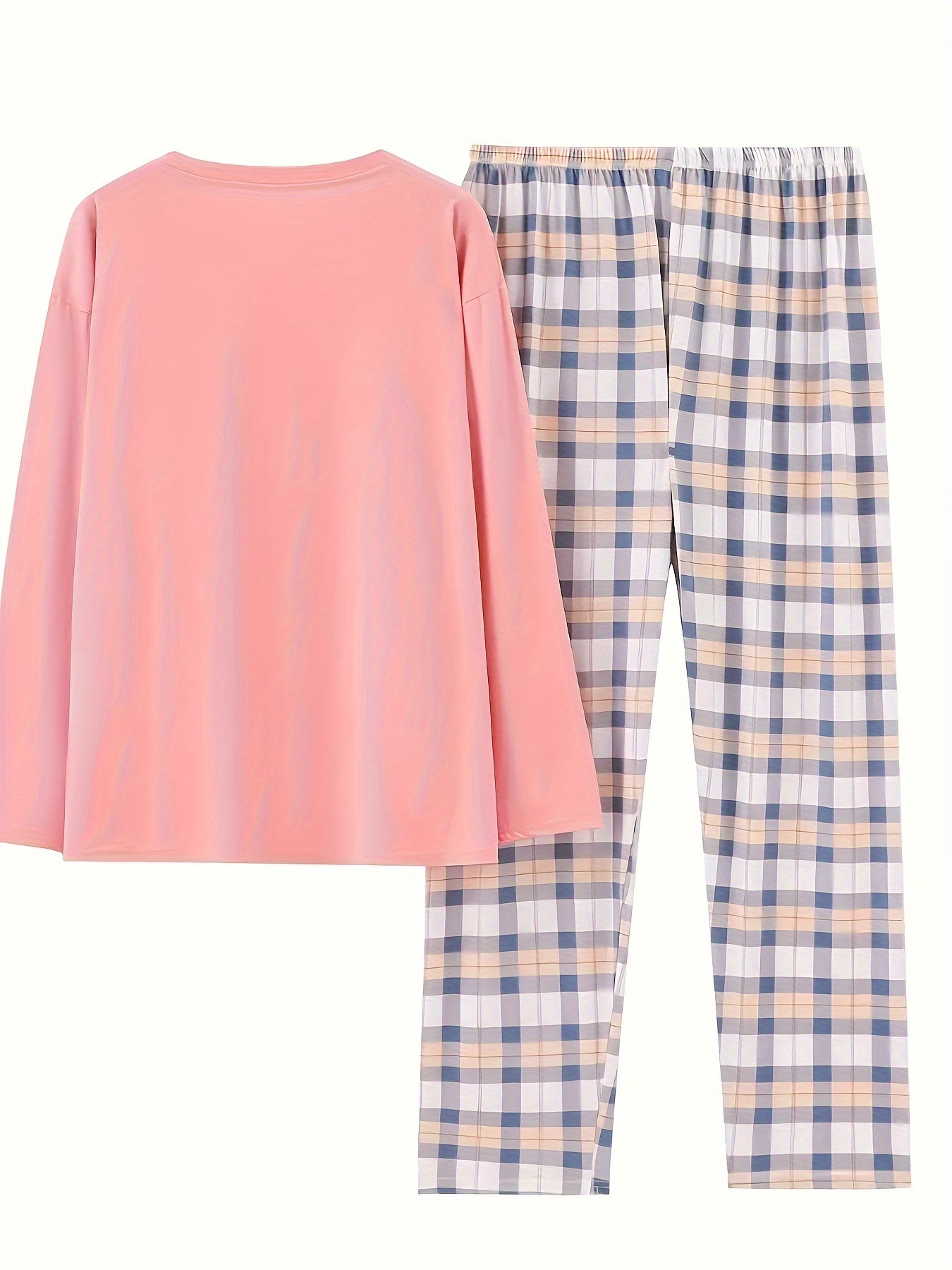 Plus Size Women's Cozy Pajama Set Soft Long Sleeve Tee Plaid Pants Lounge Wear