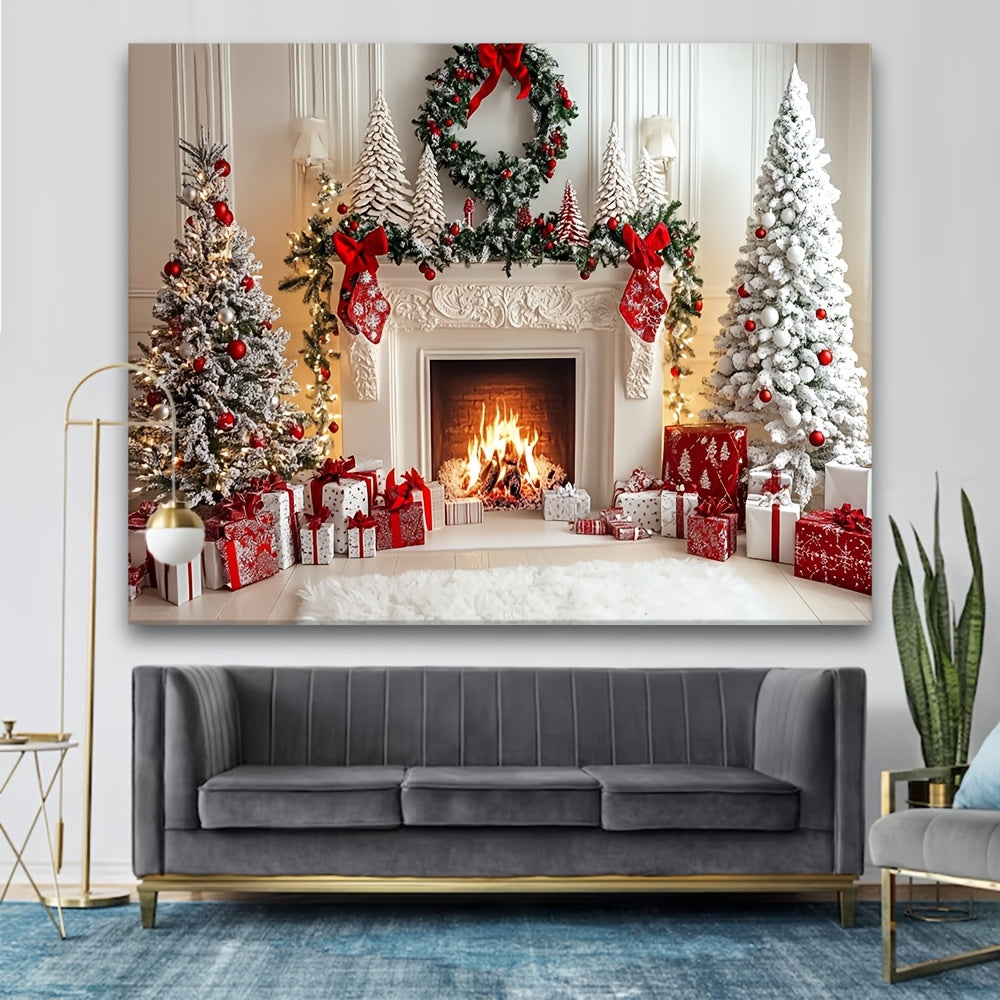 Christmas Fireplace Backdrop Polyester Holiday Photo Booth Decor