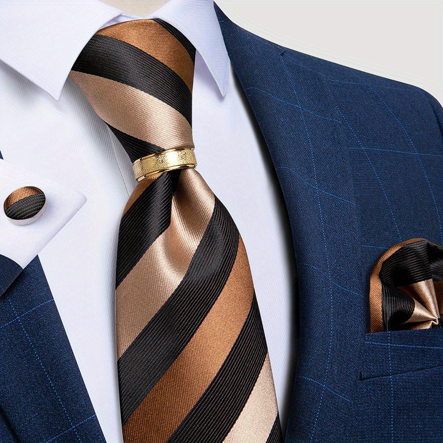 Men's Classic Striped Tie Set with Handkerchief Cufflinks and Ring for Business Formal Weddings