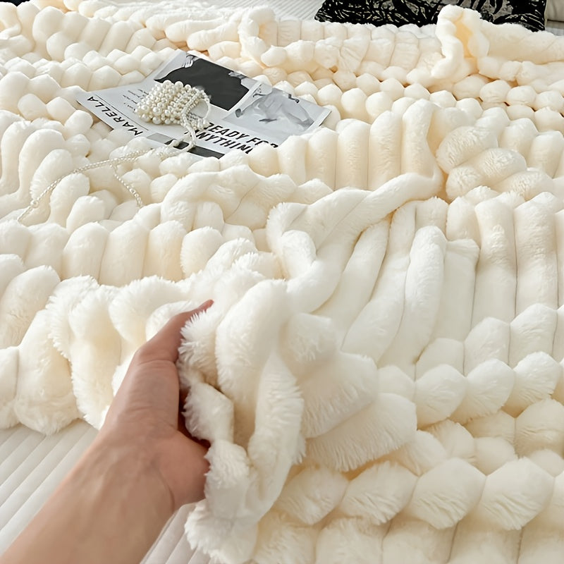 Velvet Throw Blanket with Faux Rabbit Fur for Bedroom Living Room All Seasons