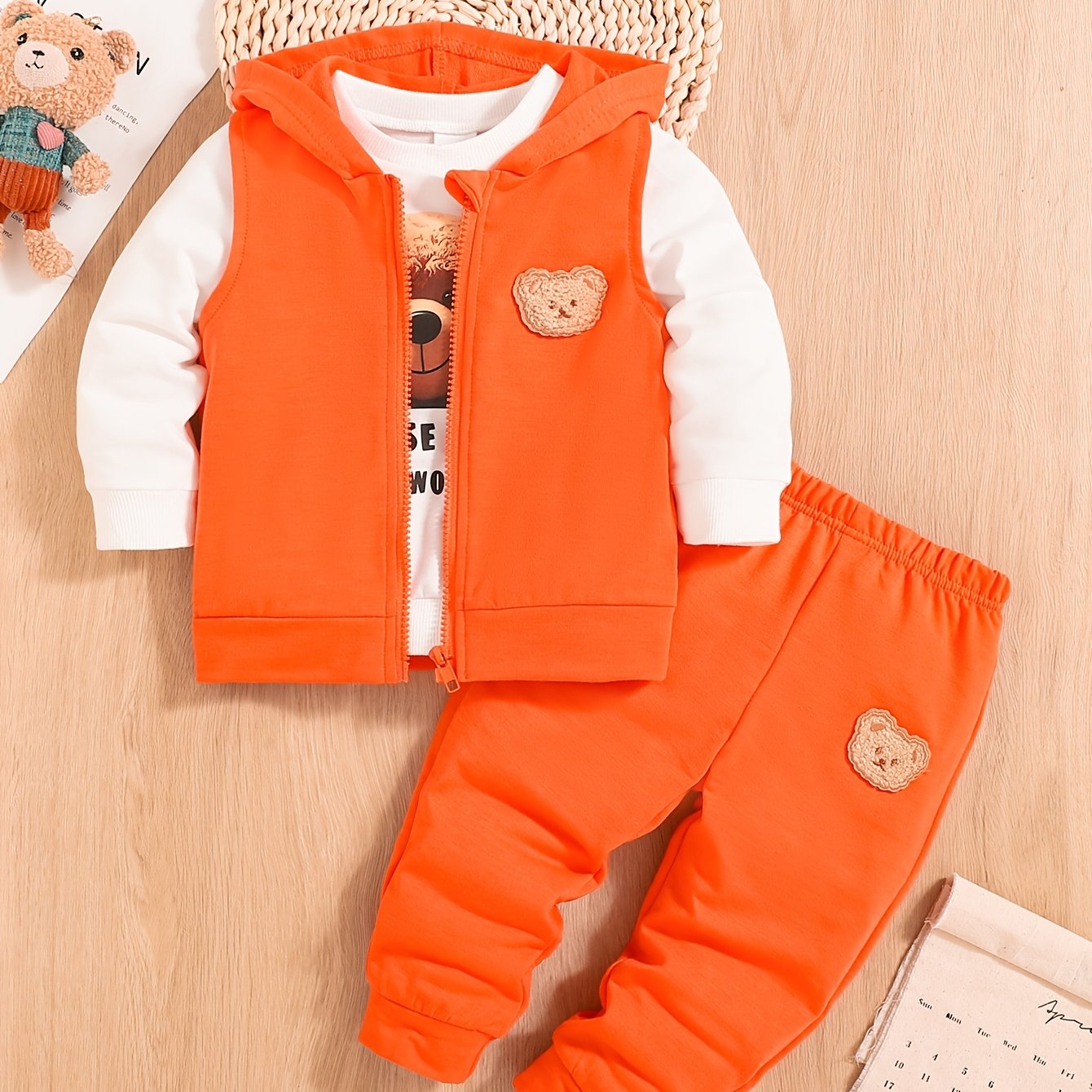 Boys Children's Embroidered Bear 3-Piece Knit Clothing Set for Spring Fall Outdoor