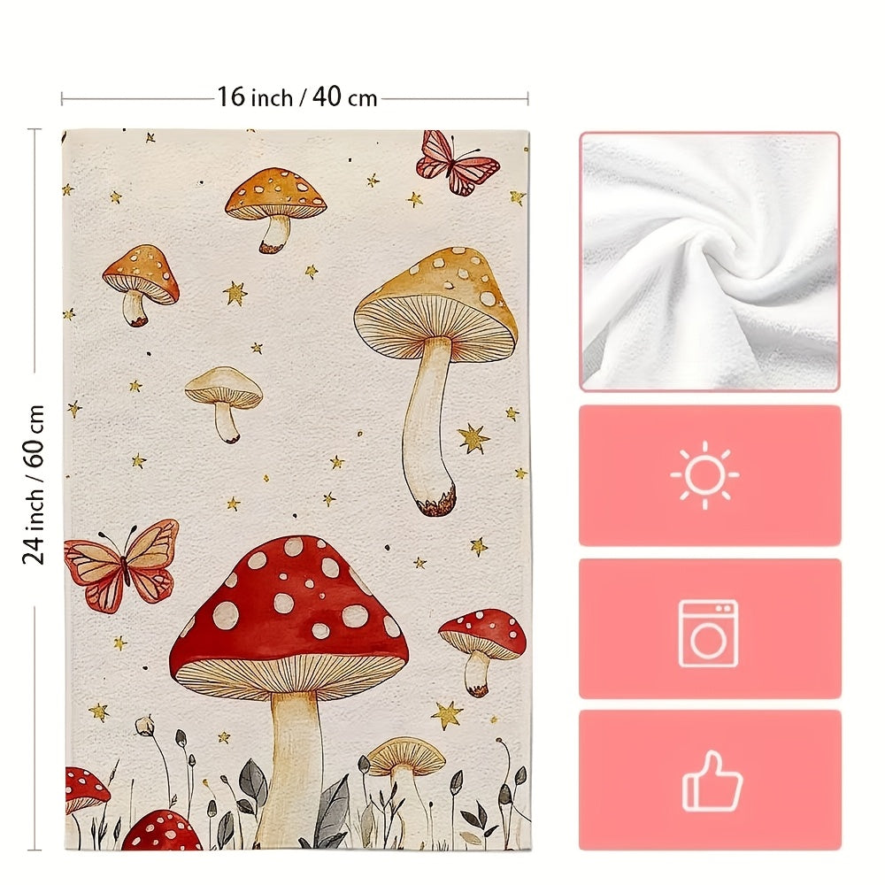 Whimsical Mushroom and Butterfly Kitchen Towels, Soft, Absorbent, 16x24 Inches