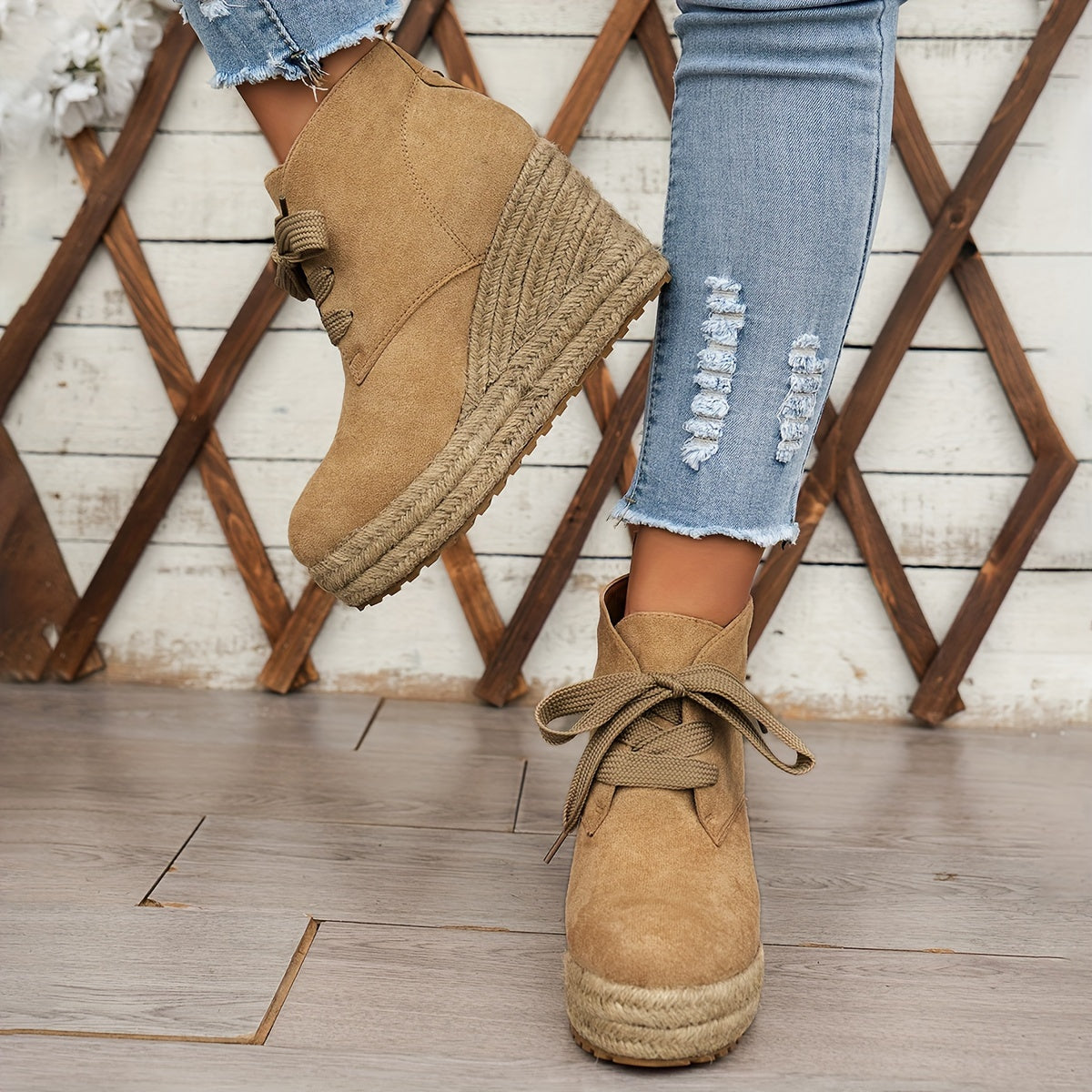 Women's Linen Wedge Ankle Boots Casual Solid Color Lace-Up Platform Shoes