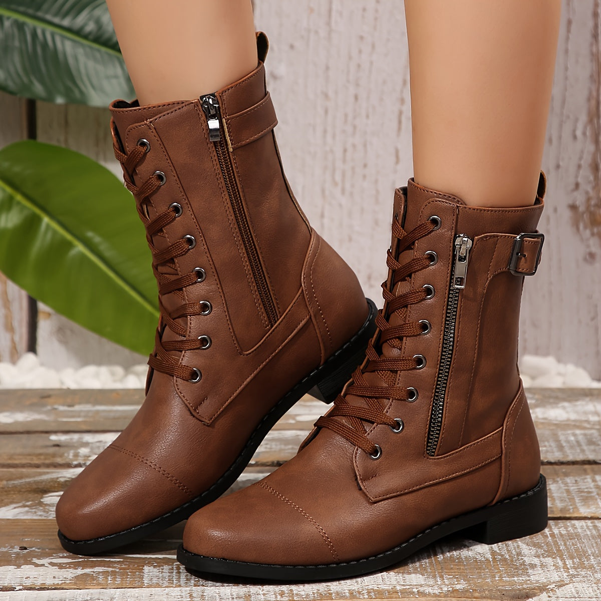Women's Brown Trendy Short Tube Fashion Boots With Thick Heel