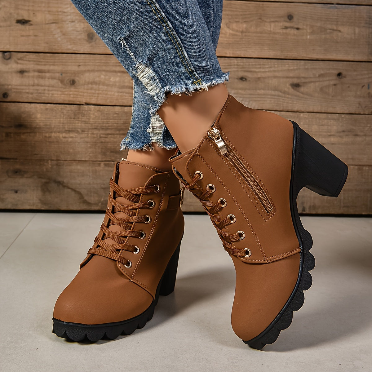 Women's Faux Cover Ankle Boots with Lace-Up, Side Zipper, Chunky Heel