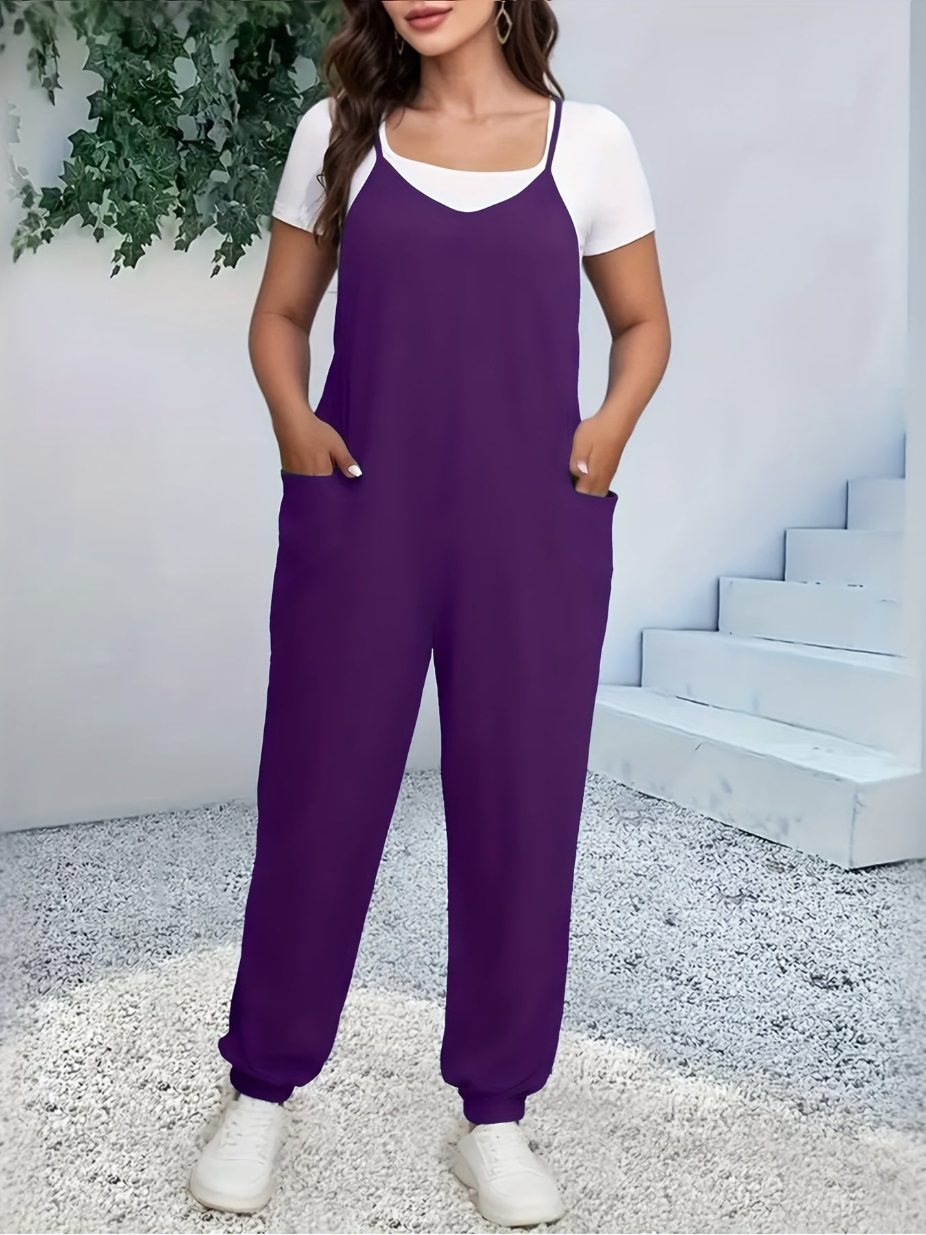Women's Plus Size V-Neck Jumpsuit with Pockets, Solid Color, Casual Summer