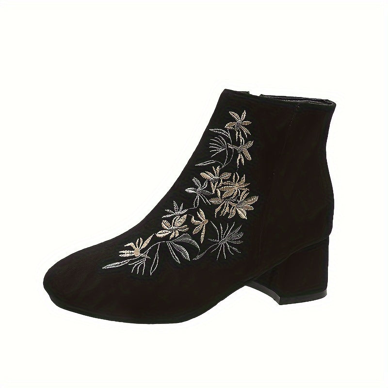 Women's Flower Pattern Chunky Heel Ankle Boots Square Toe Zipper