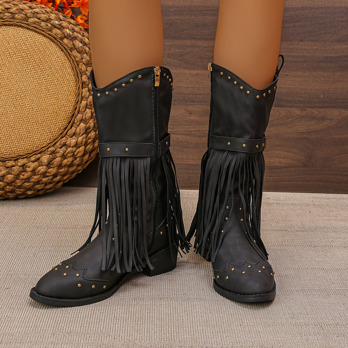 Women's Fashion Boots with PU Cover Chunky Heel Round Toe Treaded Decorations