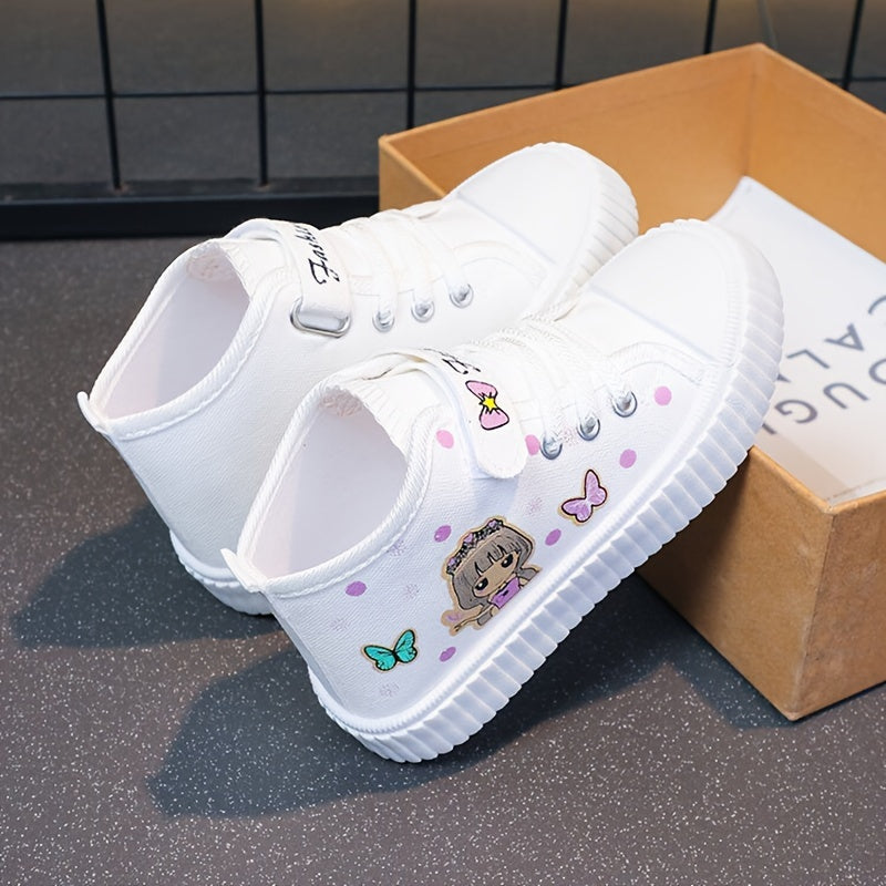 Girls' Canvas High-Top Sneakers with Cartoon Girl and Butterfly Design Breathable Rubber Sole