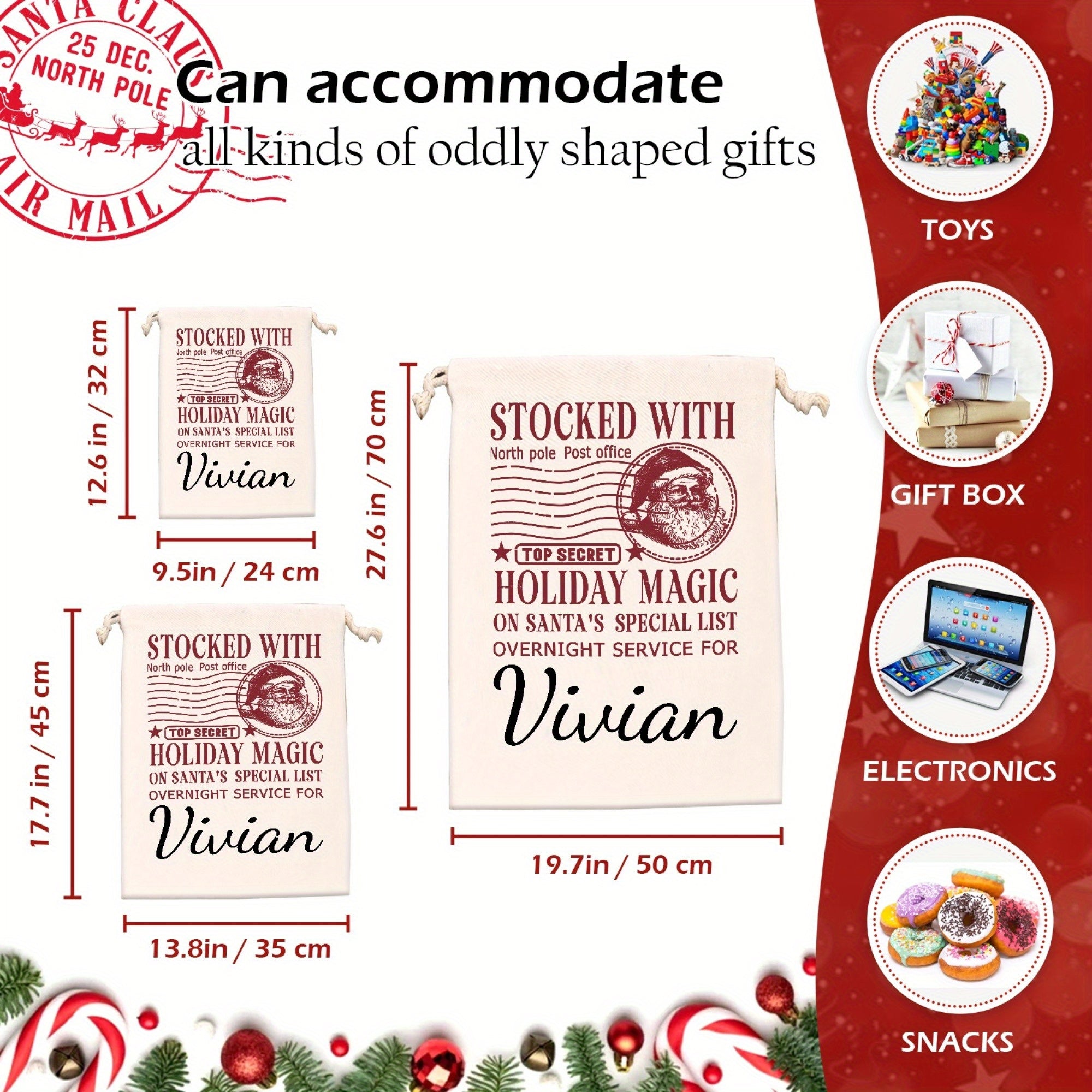 Customized Christmas Santa Sack with Name Oversized Canvas Gift Bag with Drawstring Closure