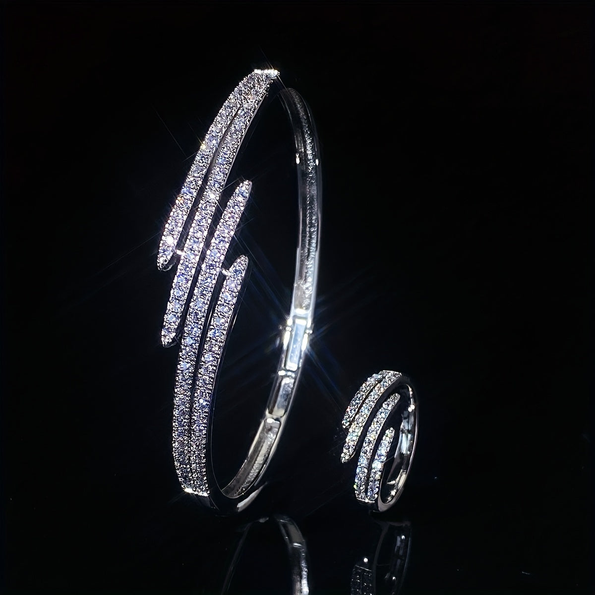 Women's Bracelet Ring Set with Hollow Double-Row Micro-Set Zirconia Claw Chain