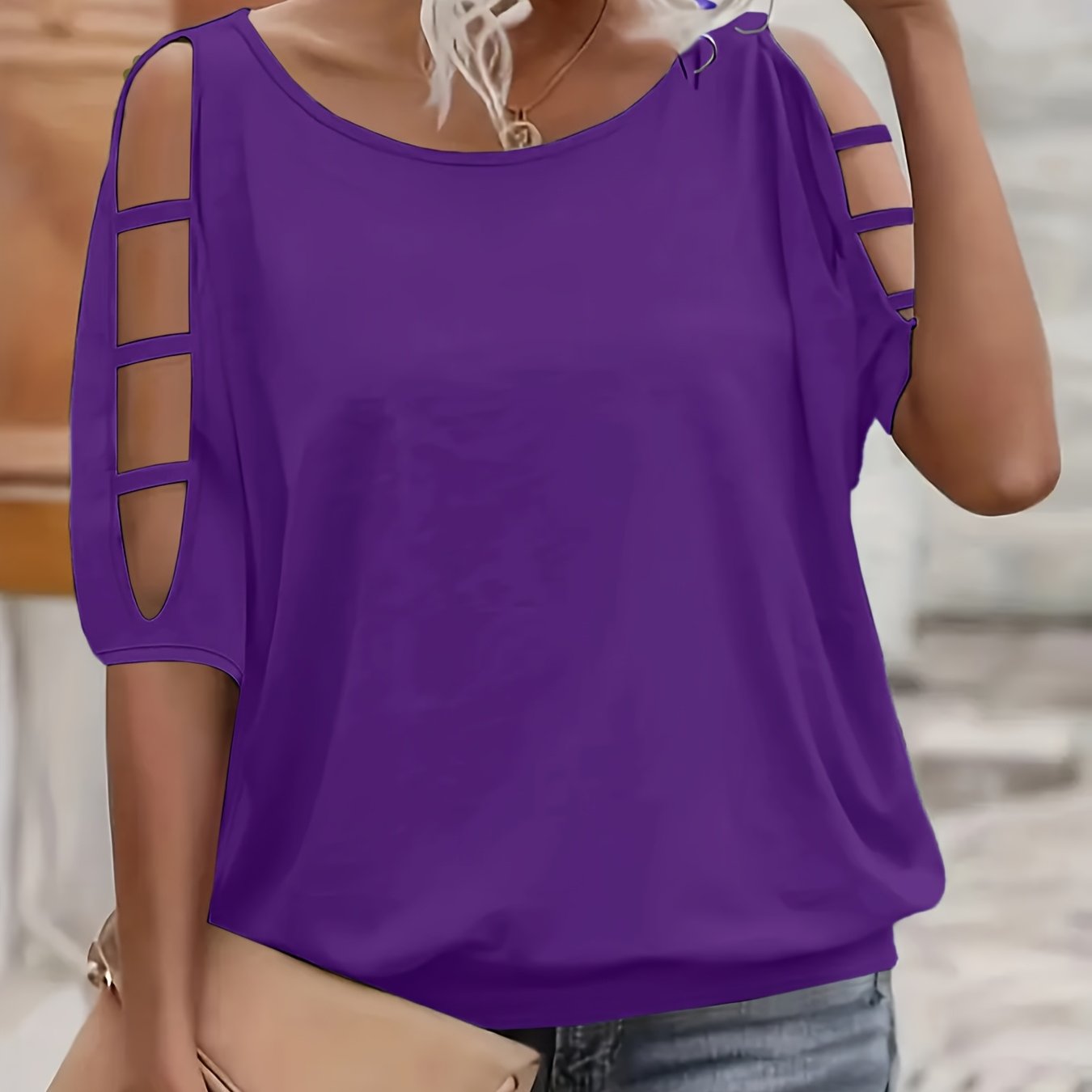 Plus Size Women's Black Long Sleeve T-Shirt with Openwork Cut-Outs