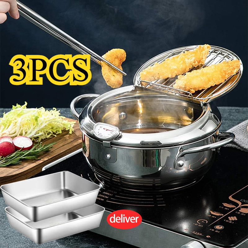 1 ta Stainless Steel Fryer, haroratni boshqarish, yog' tomchilari filtri rack, qopqoq va 2 ta plastinka bilan. Gaz pechlari va induksiya pechlari uchun mos, fransuz kartoshkasi, tovuq va boshqalarni qovurish uchun ideal.