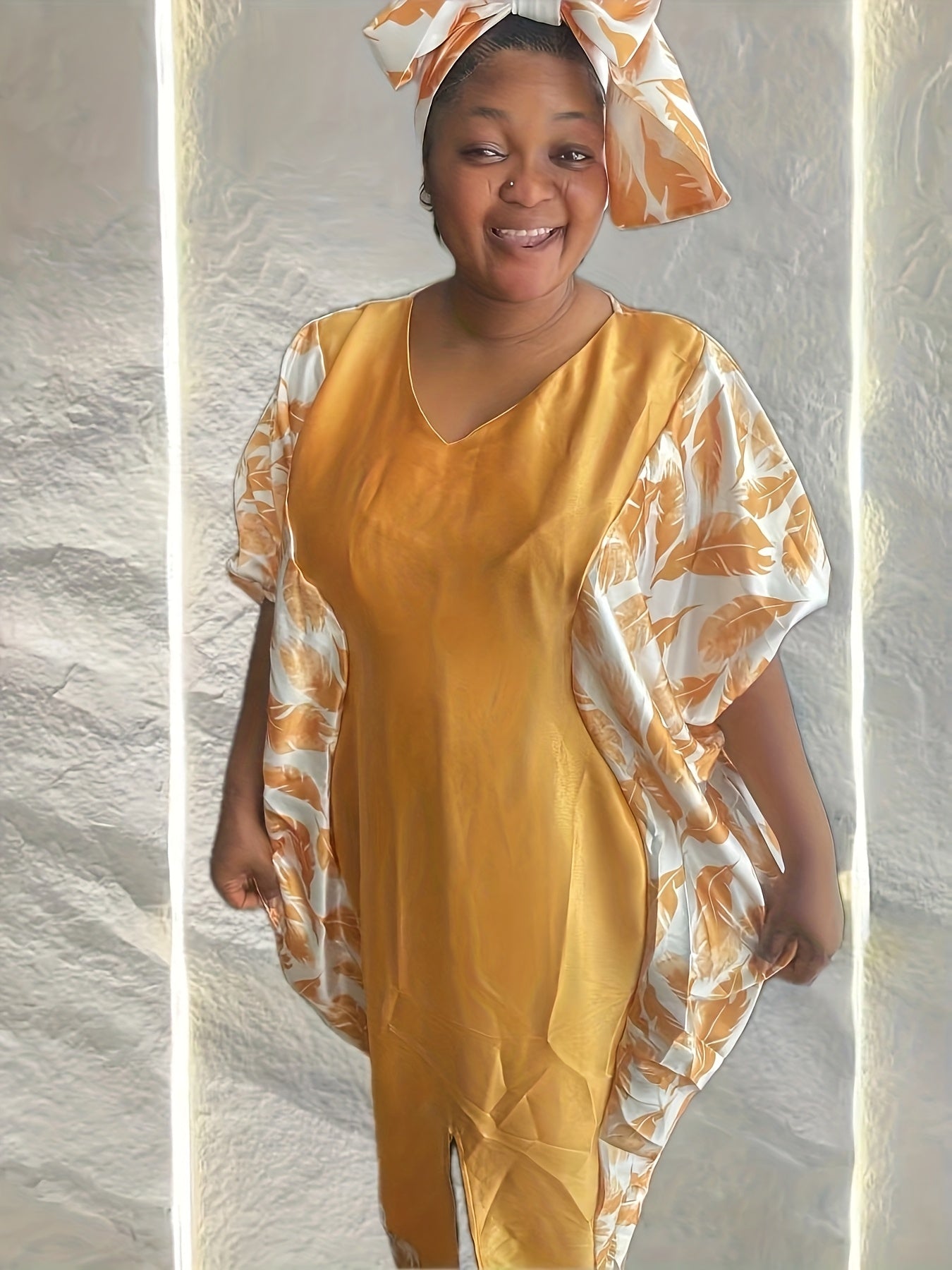 Plus Size Elegant V-Neck Kaftan Dress for Women Floral Print Loose Fit