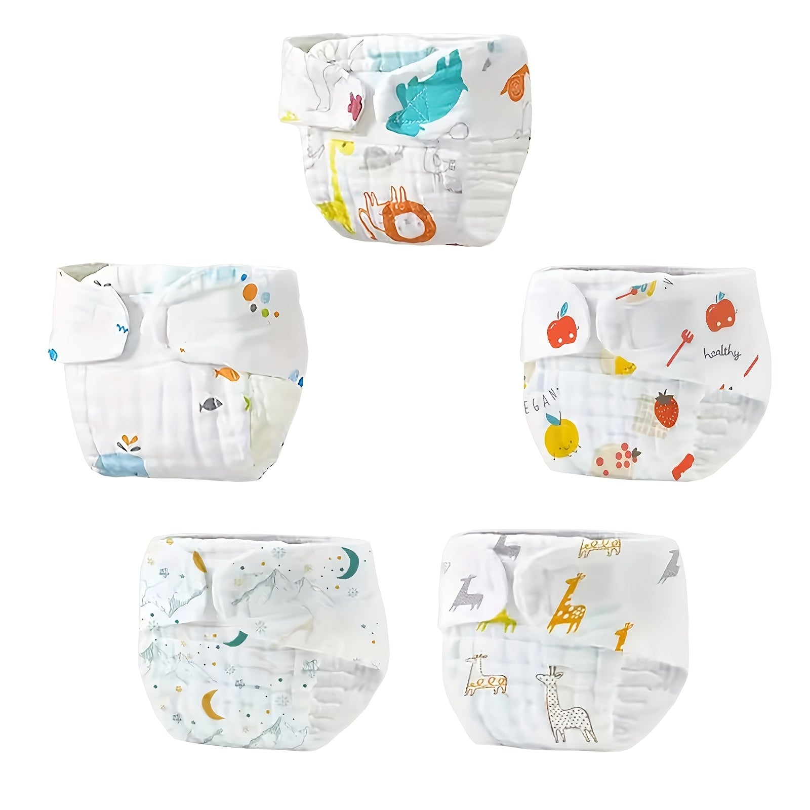 Bolalar uchun qayta ishlatiladigan nafas oladigan hojatxona kiyimlari to'plami, 5 ta, 0-6 yosh uchun, oq va bosma