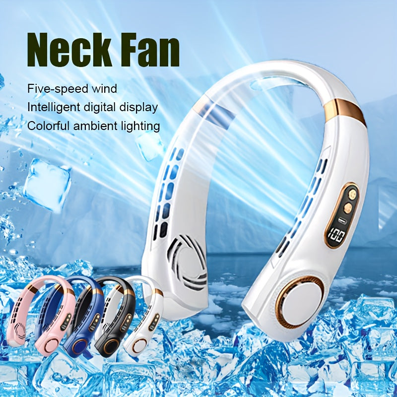 Bladeless neck fan USB rechargeable 5 speed digital display LED emergency lighting outdoor sports beach