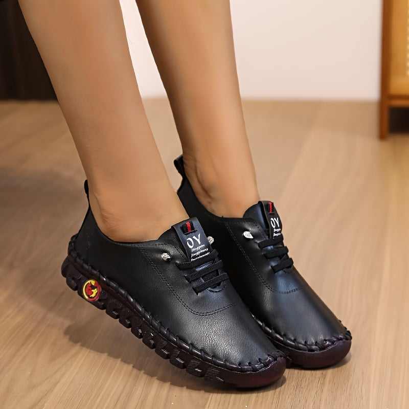 Women's All-Season Leather Loafers with Non-Slip Sole and Sparkle Detail