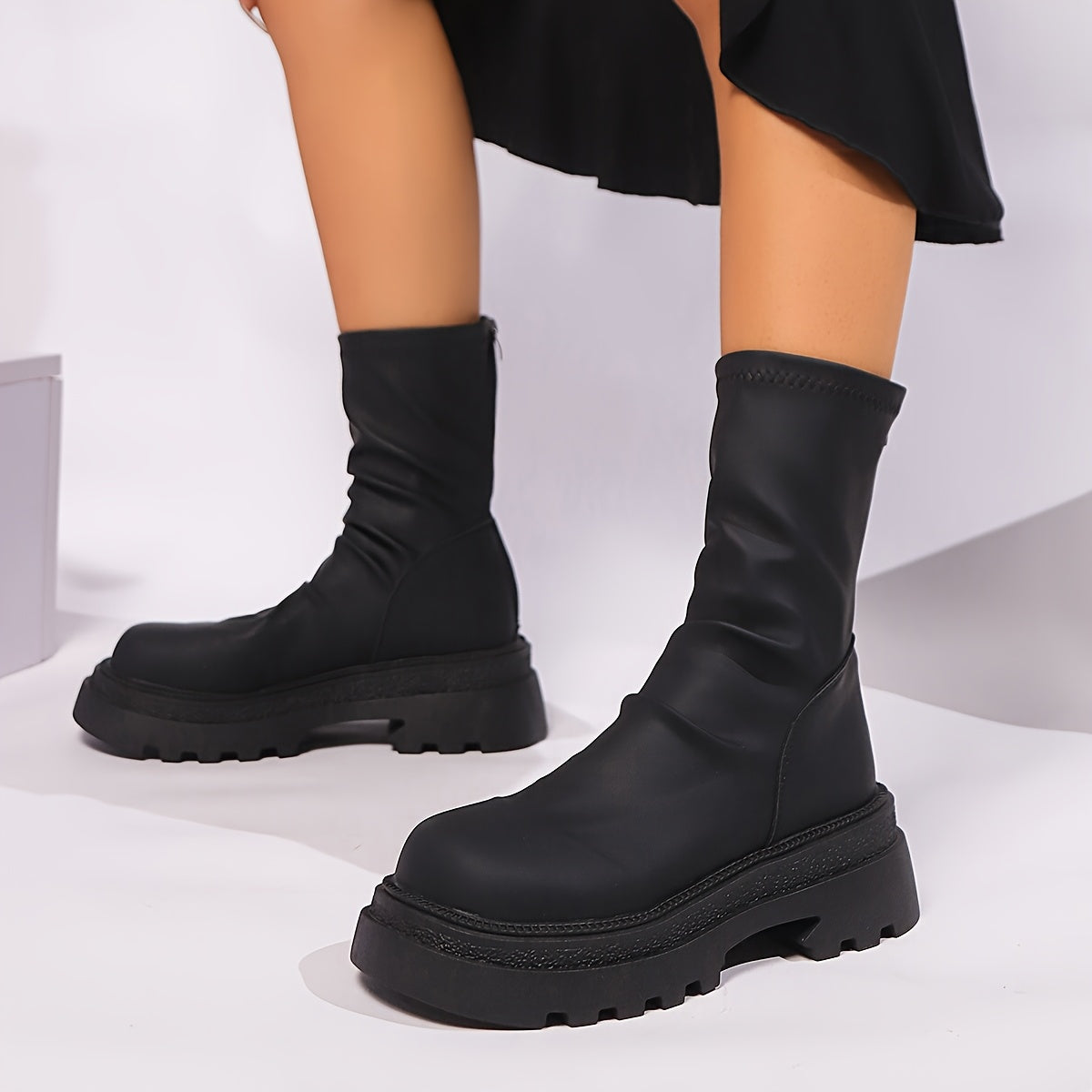 Women Chunky Platform Ankle Boots Faux Leather Cushioned Sole Black