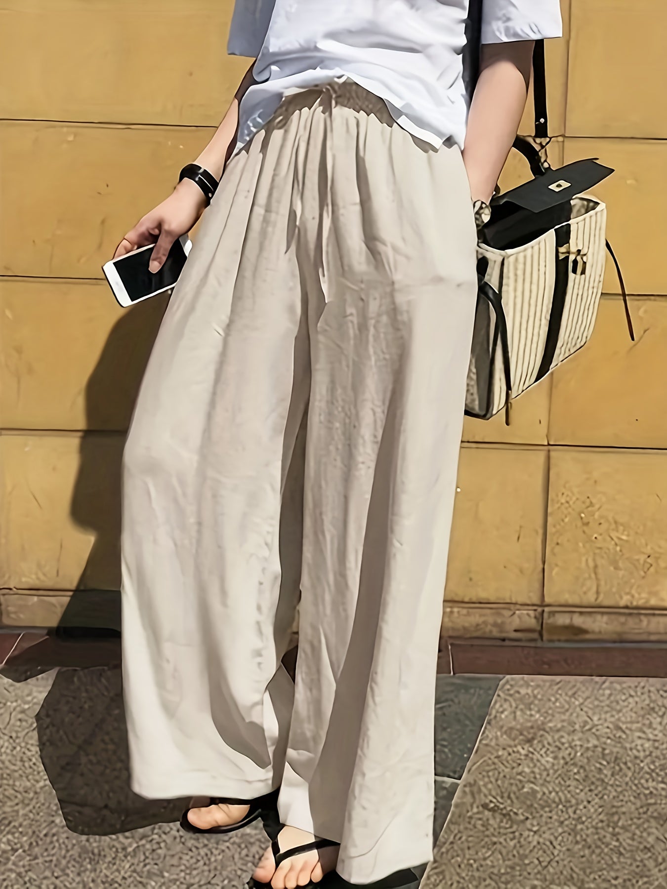 Women’s Lightweight Casual Pants with Drawstring Waist Beige Straight-Leg All-Season