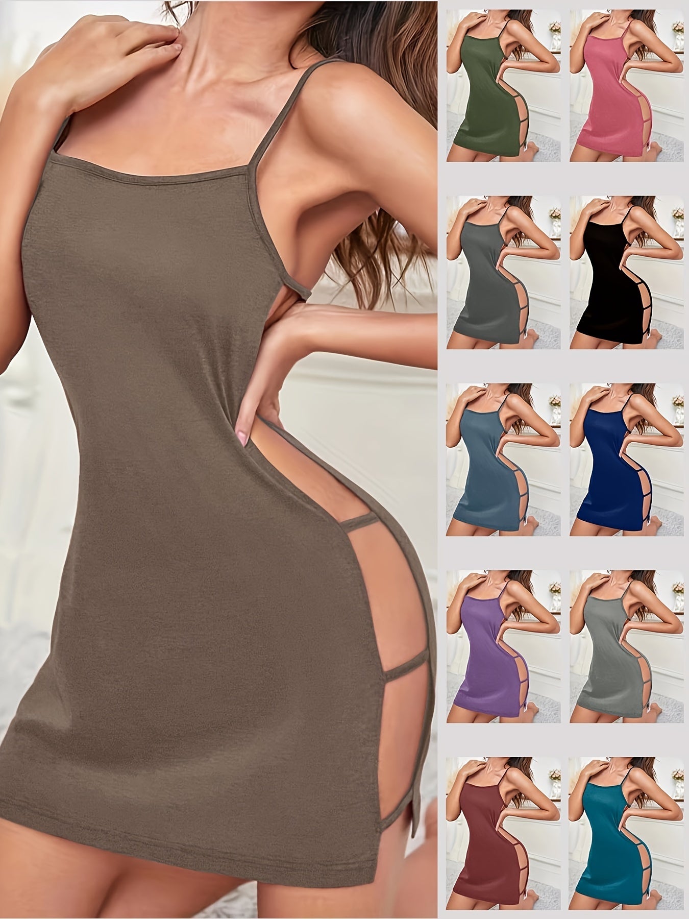 Women's Nightgown with Backless Round Neck Side Cutouts Satin Sleepwear Sexy Slip All-Season