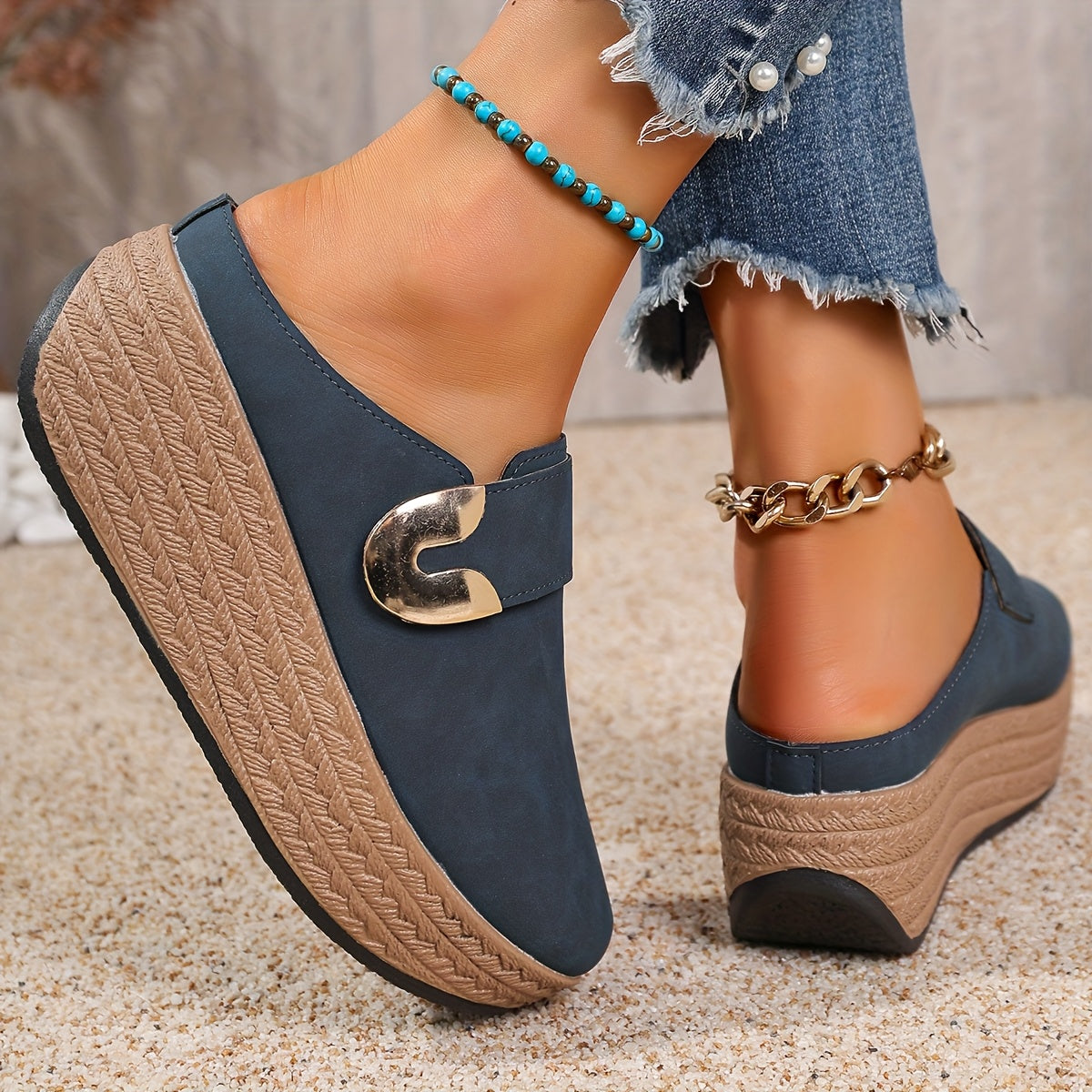 Women's Synthetic Platform Sandals with Metallic Ring Beaded Ankle Bracelet