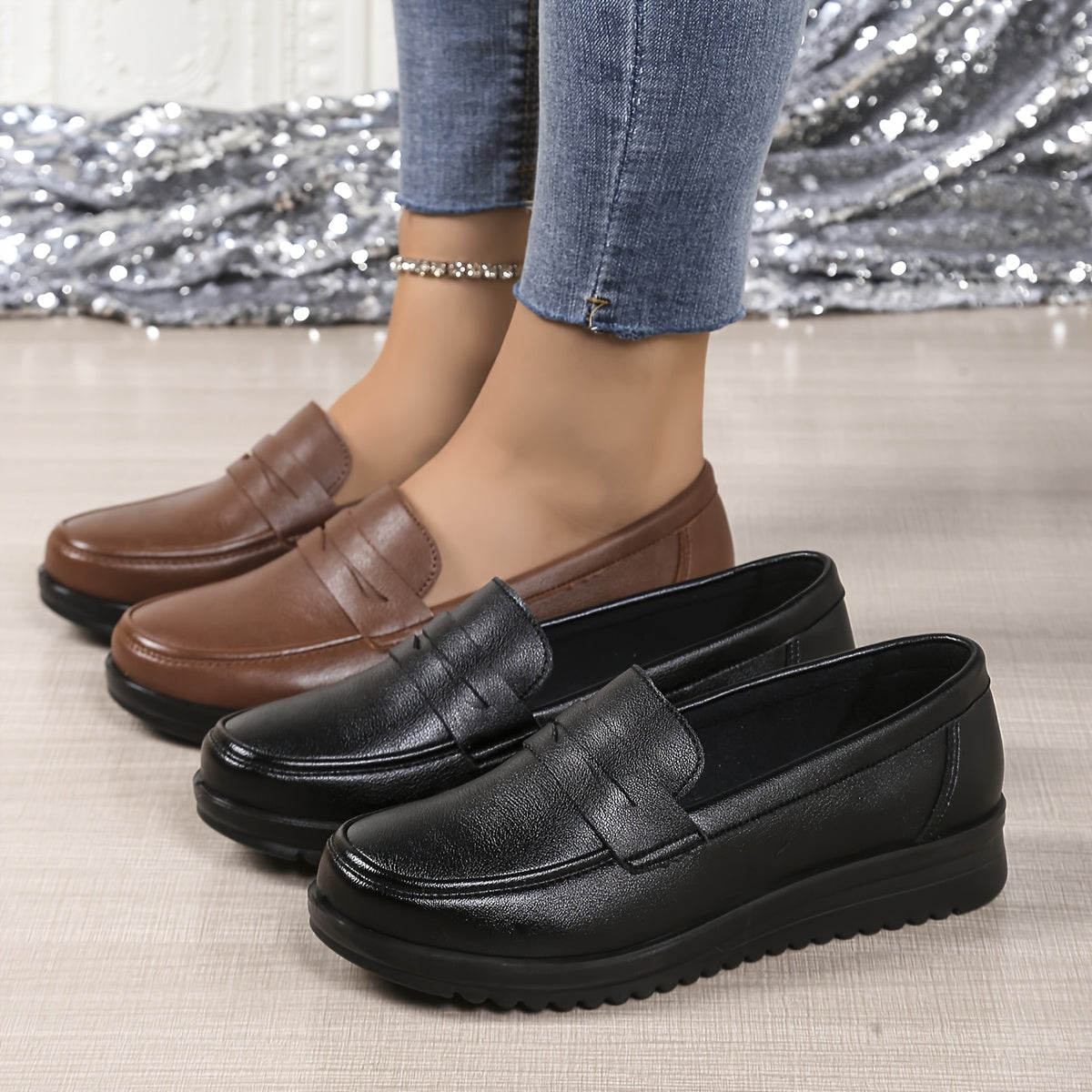 Women's PU Slip-On Flats Casual Shoes Brown Black All-Day Comfort