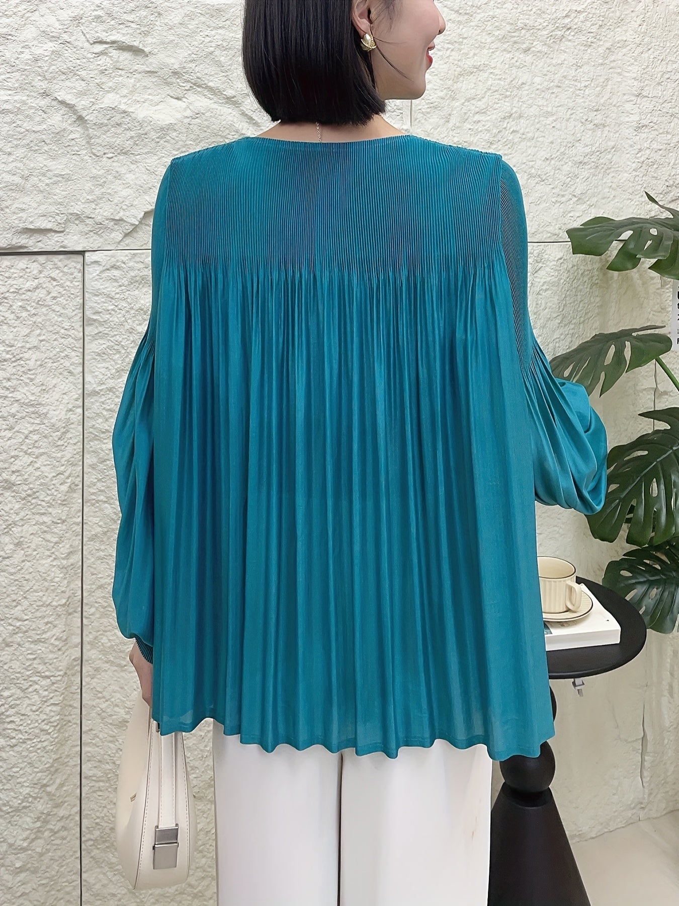 Women's Oversized Pleated Blouse with Floral Applique Light Blue Long Sleeve