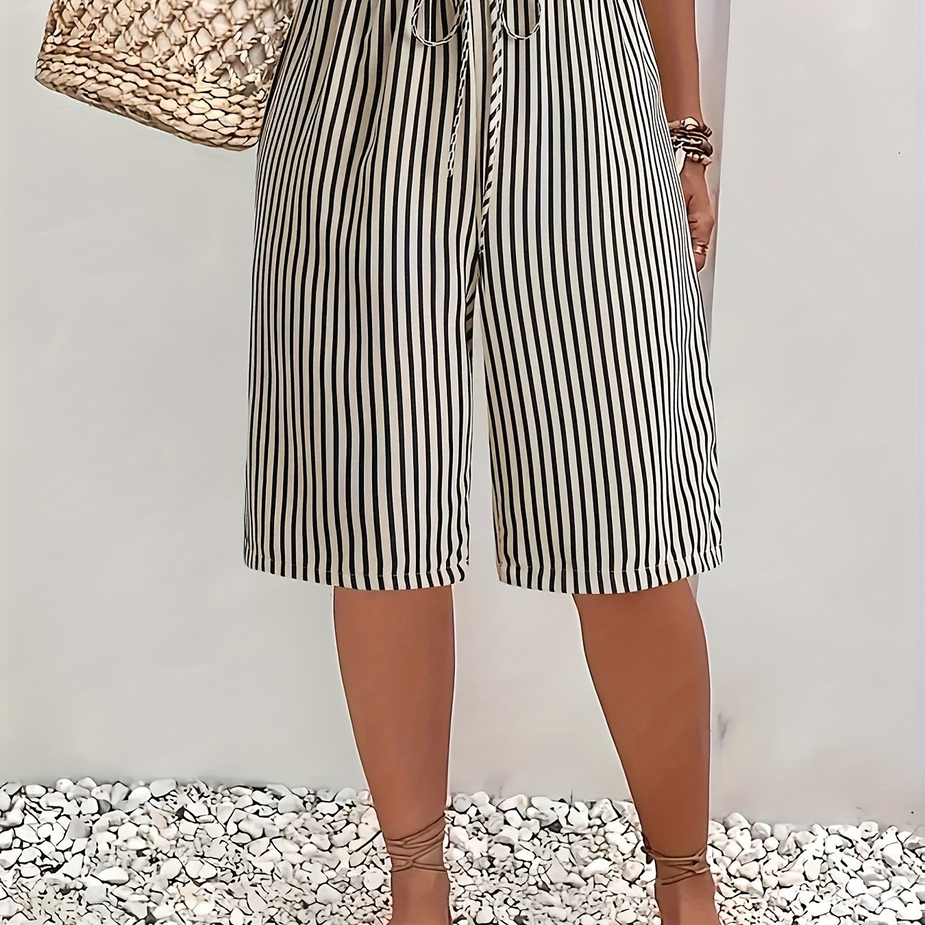 Women's Casual Striped Shorts Lightweight Polyester Black White Summer Vacation