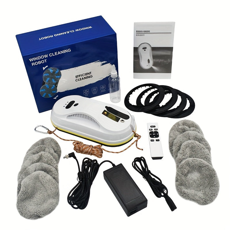 Remote-controlled Smart Window Cleaning Robot uses Dual Power (Rechargeable Lithium Battery), operates quietly at 65dB, and is suitable for homes with 220-240V power supply.