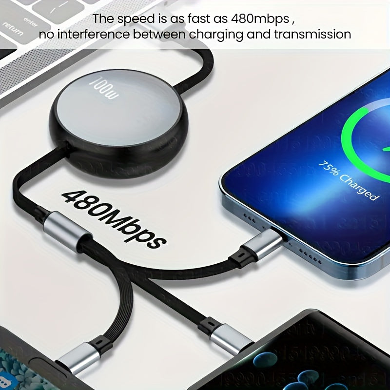 Retractable USB Charging Cable 100W Fast Charging 6A Data Sync 480Mbps