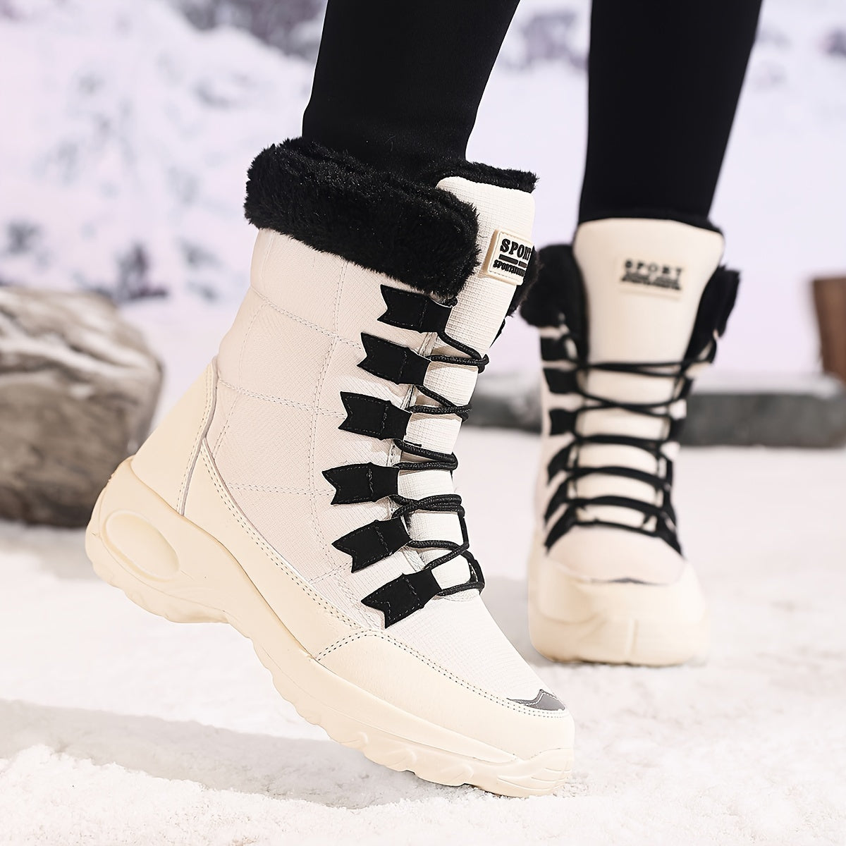 Women's Plush Lined Mid-Calf Snow Boots Casual Winter Lace-Up Black White