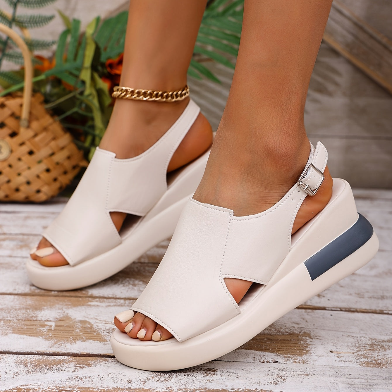 Women's Solid Color Thick-Soled Ankle Strap Summer Beach Sandals