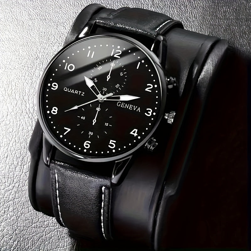 Set of 4 Men's Quartz Watches Black Round Face Faux Leather Bracelets Gift Set