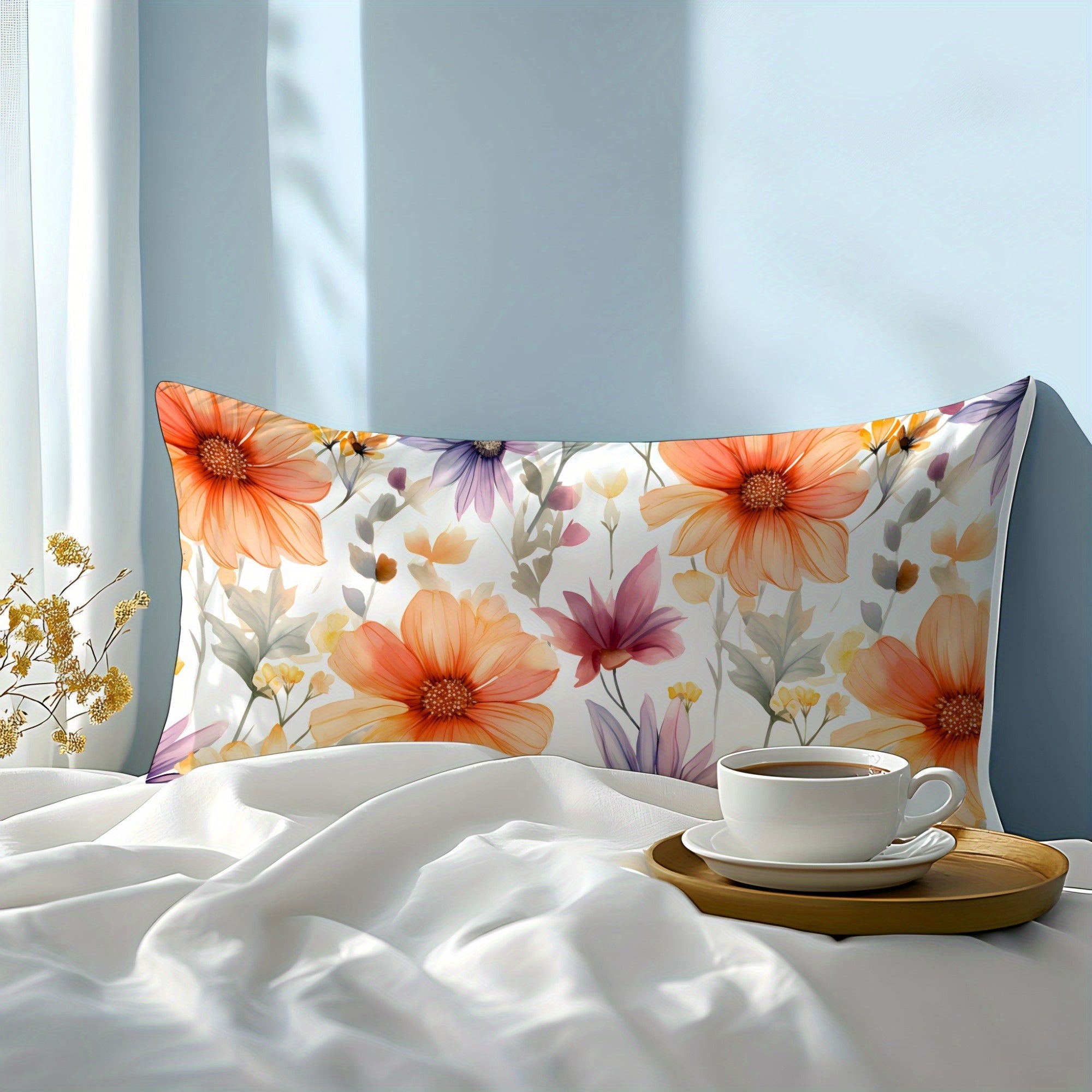 Orange Floral 3D Print Pillowcase Soft Skin-Friendly Fabric Machine Washable Envelope Closure Bedroom Guest Room Hotel