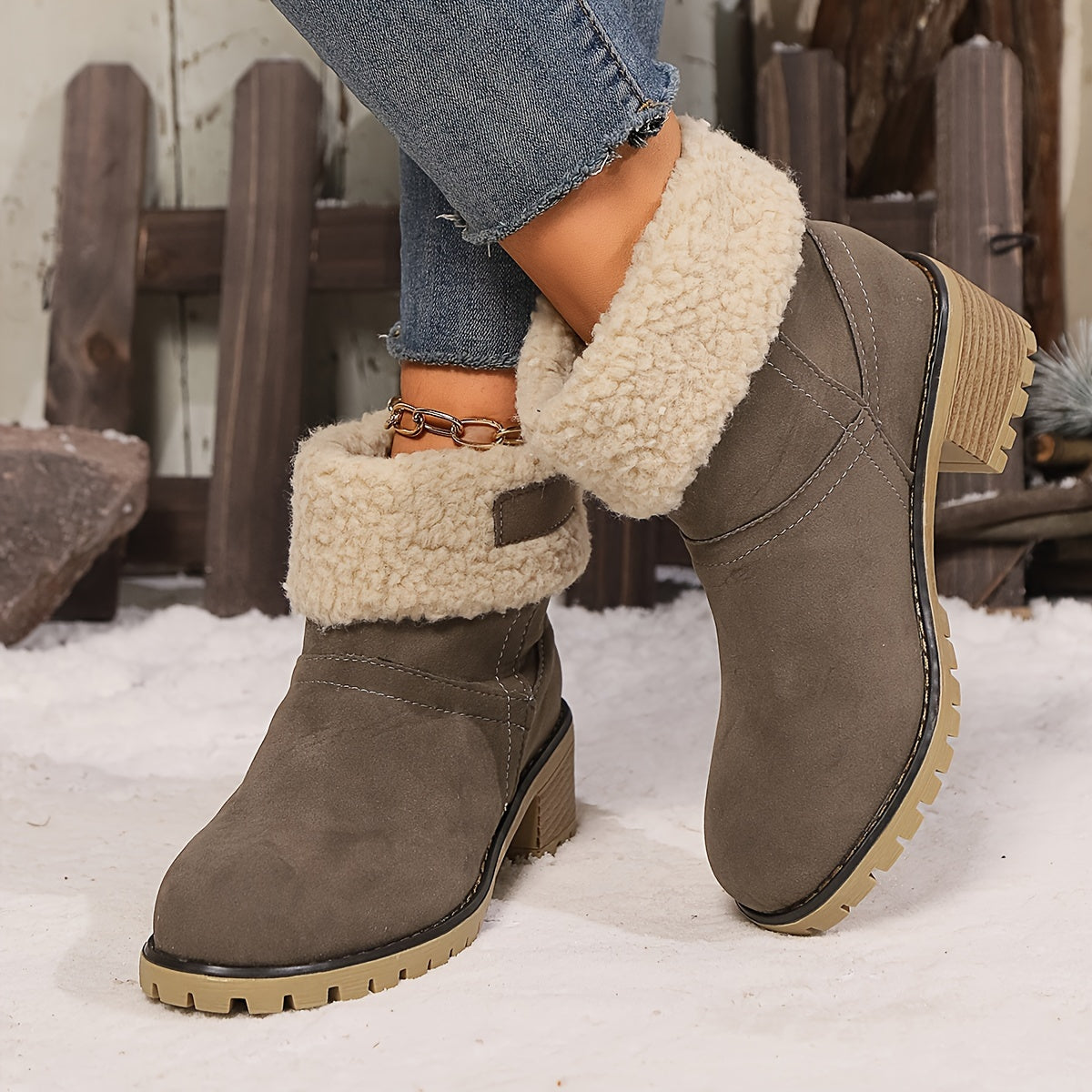 Women's Winter Slip-On Chunky Heel Snow Boots with Faux Fur Lining
