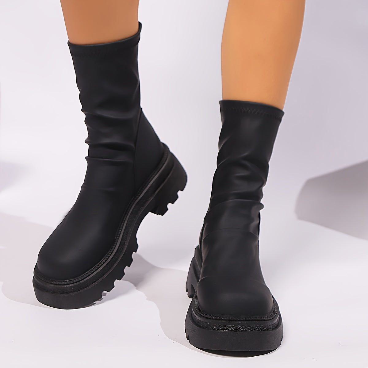 Women Chunky Platform Ankle Boots Faux Leather Cushioned Sole Black