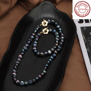 Conjunto de joyería de perlas de agua dulce negras con collar y pulsera de perlas barrocas de 7-8mm para mujeres