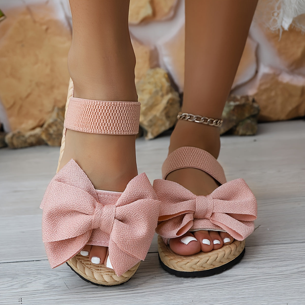 Women Flat Sandals Bow Elegant Bohemian Wedding Party Shoes