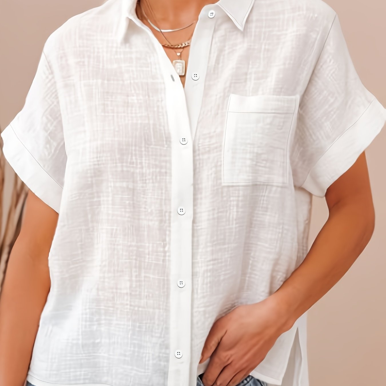 Женская блузка оверсайз белого цвета с коротким рукавом и пуговицами, легкий полиэстер
