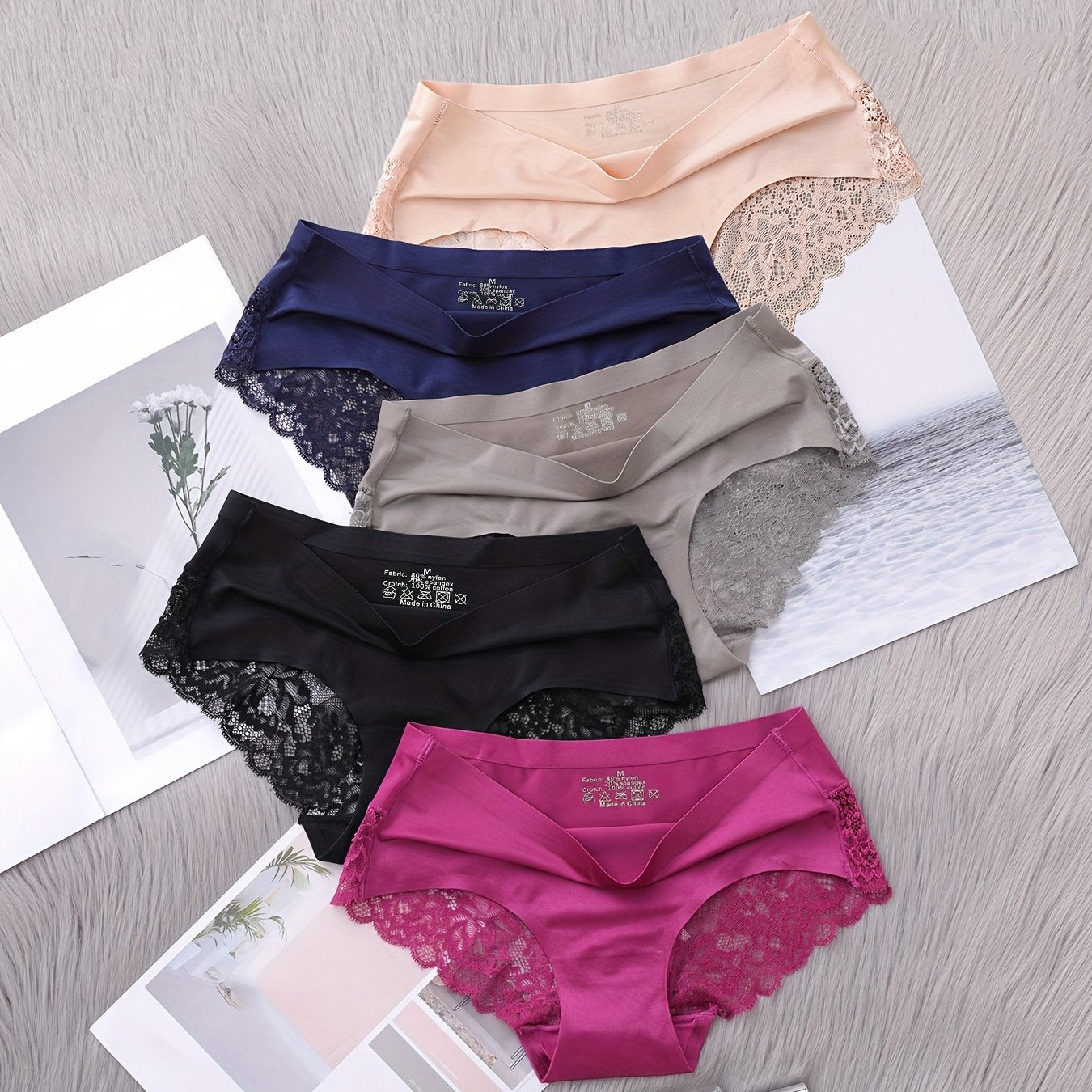 Women's Seamless Lace Panties 5-Pack Solid Colors Triangle Short Style